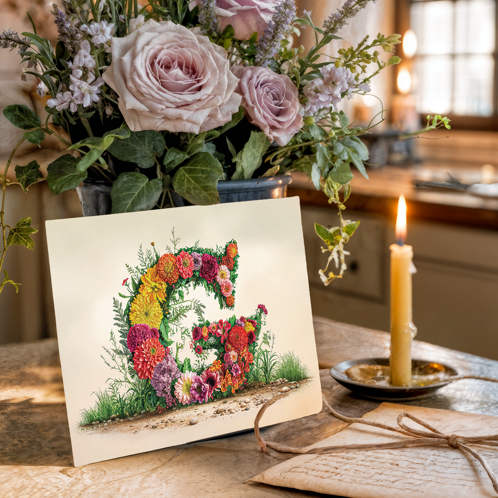 Floral arrangement with a card featuring a decorative letter 'G' on a table.