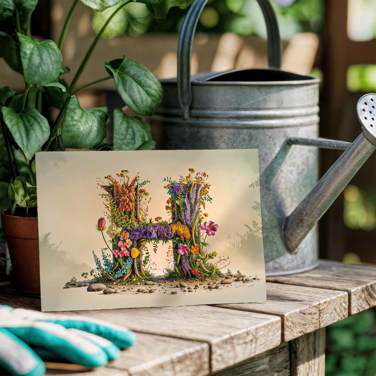 Floral letter 'H' card on a wooden surface with a watering can and gloves in the background