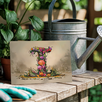 Floral letter 'I' on a card with a watering can and gloves in a garden setting