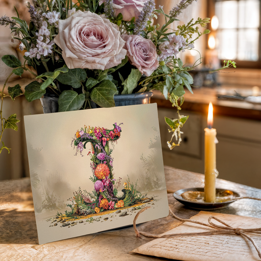 Floral arrangement with a card featuring a decorative letter 'I' on a table.