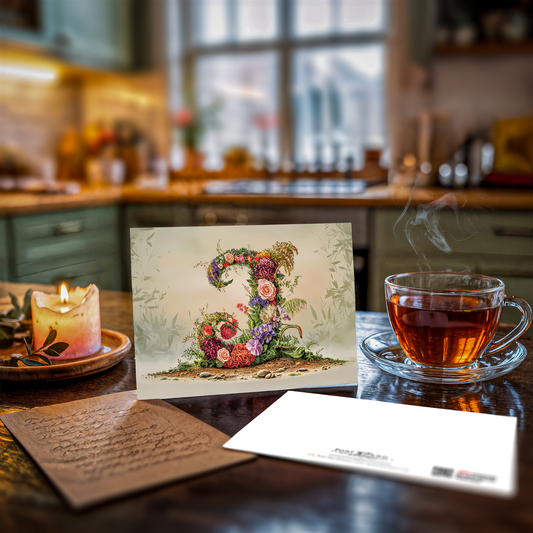 Tea cup with steam, candle, and decorative card with letter J on a kitchen counter