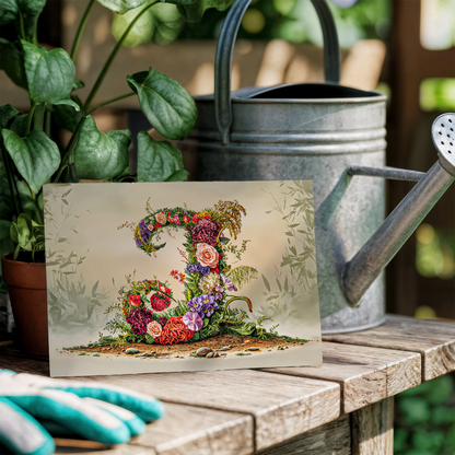 Floral letter 'J' card on a wooden table with a watering can and gloves, surrounded by plants.