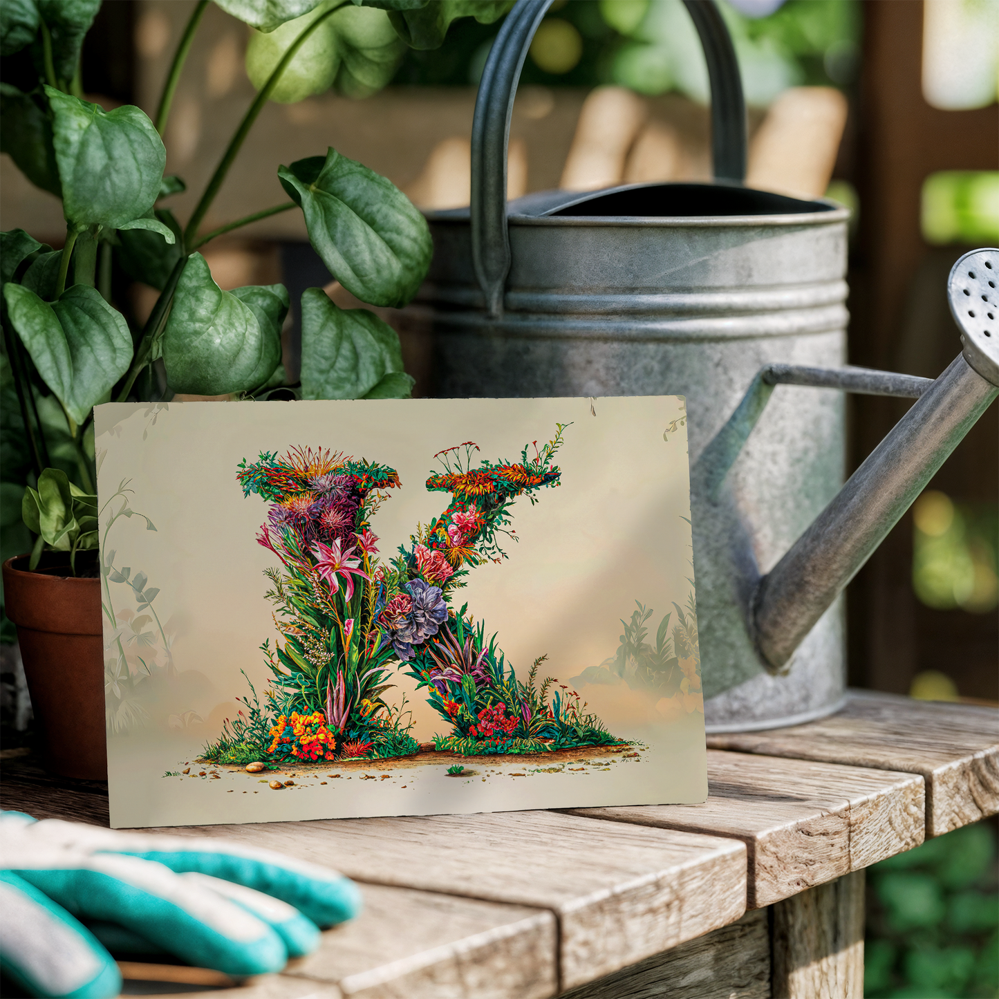Card with floral letter K design on a wooden table with a watering can and gloves.