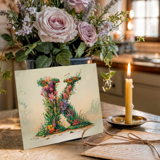Floral arrangement with a card featuring a decorative letter 'K' on a table.