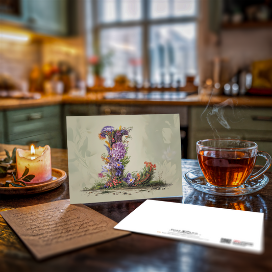 Floral card with letter L on a kitchen counter with a cup of tea and candle