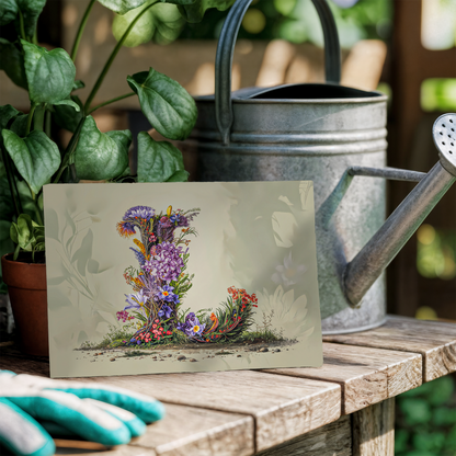 Card with floral letter L design on a wooden table with a watering can and gloves.