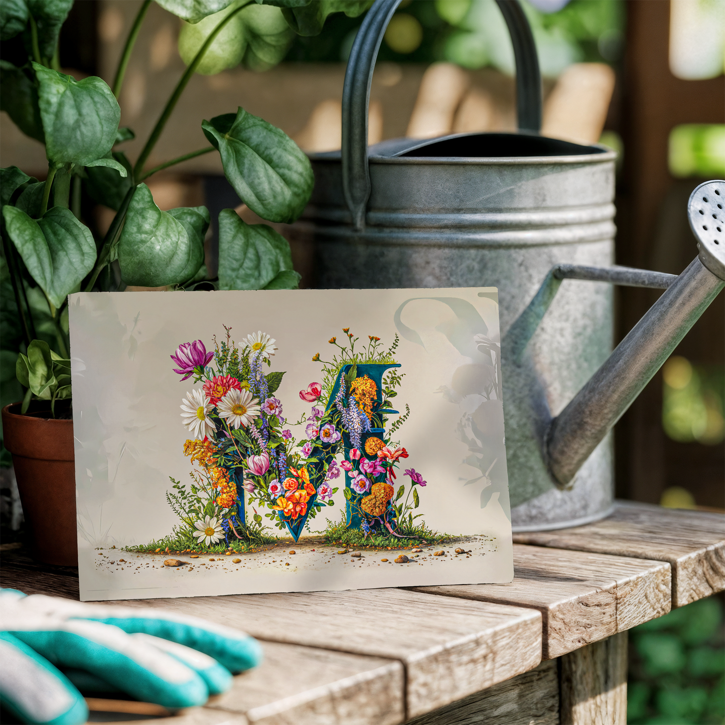 Card with floral letter 'M' on a wooden table with a watering can and gloves.