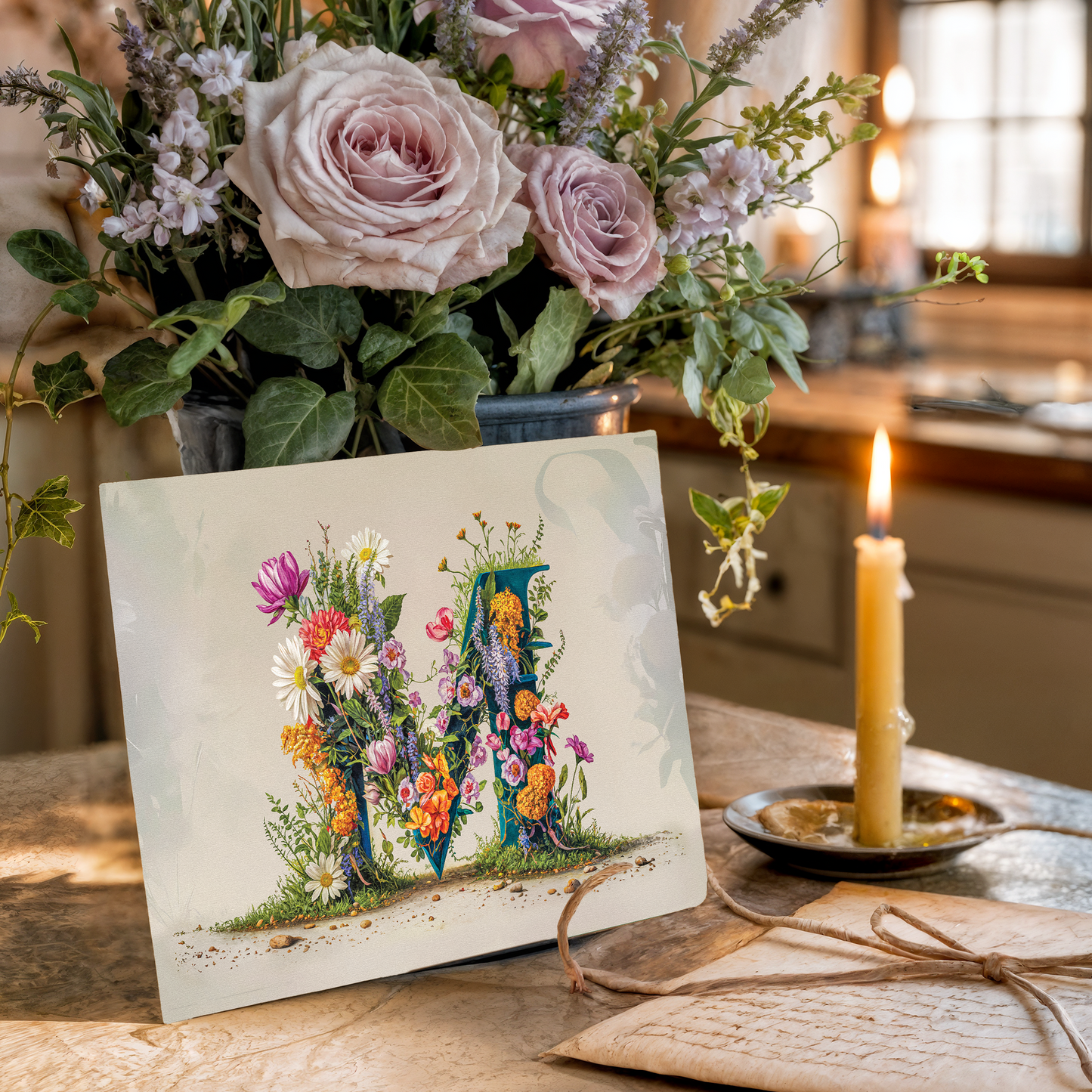 Floral card with letter M on a wooden table