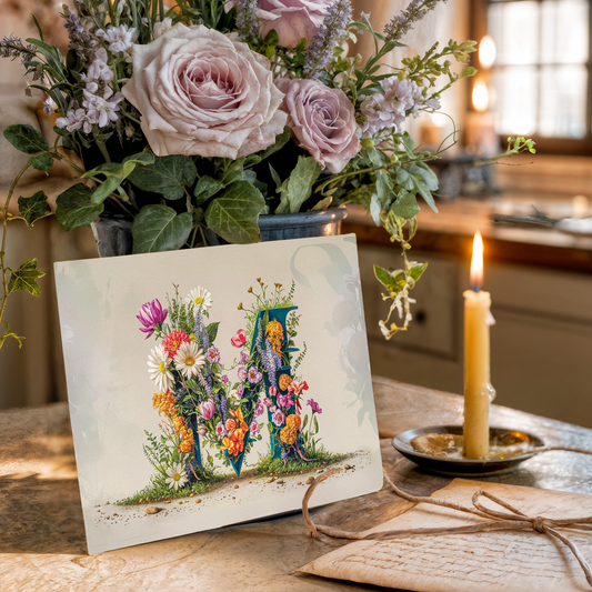 Floral card with letter M on a wooden table