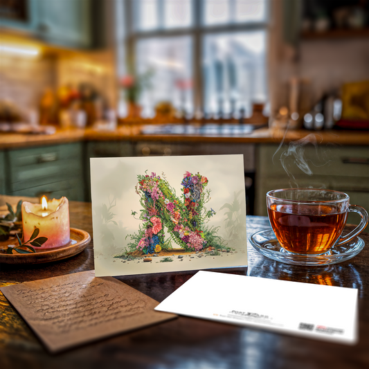 Floral letter 'N' card on a kitchen counter with a cup of tea and candle.