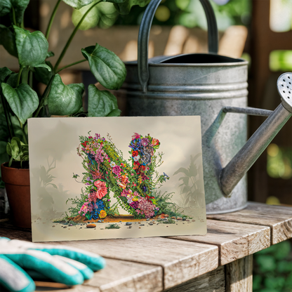 Floral letter 'N' on a card with a watering can and gloves in a garden setting