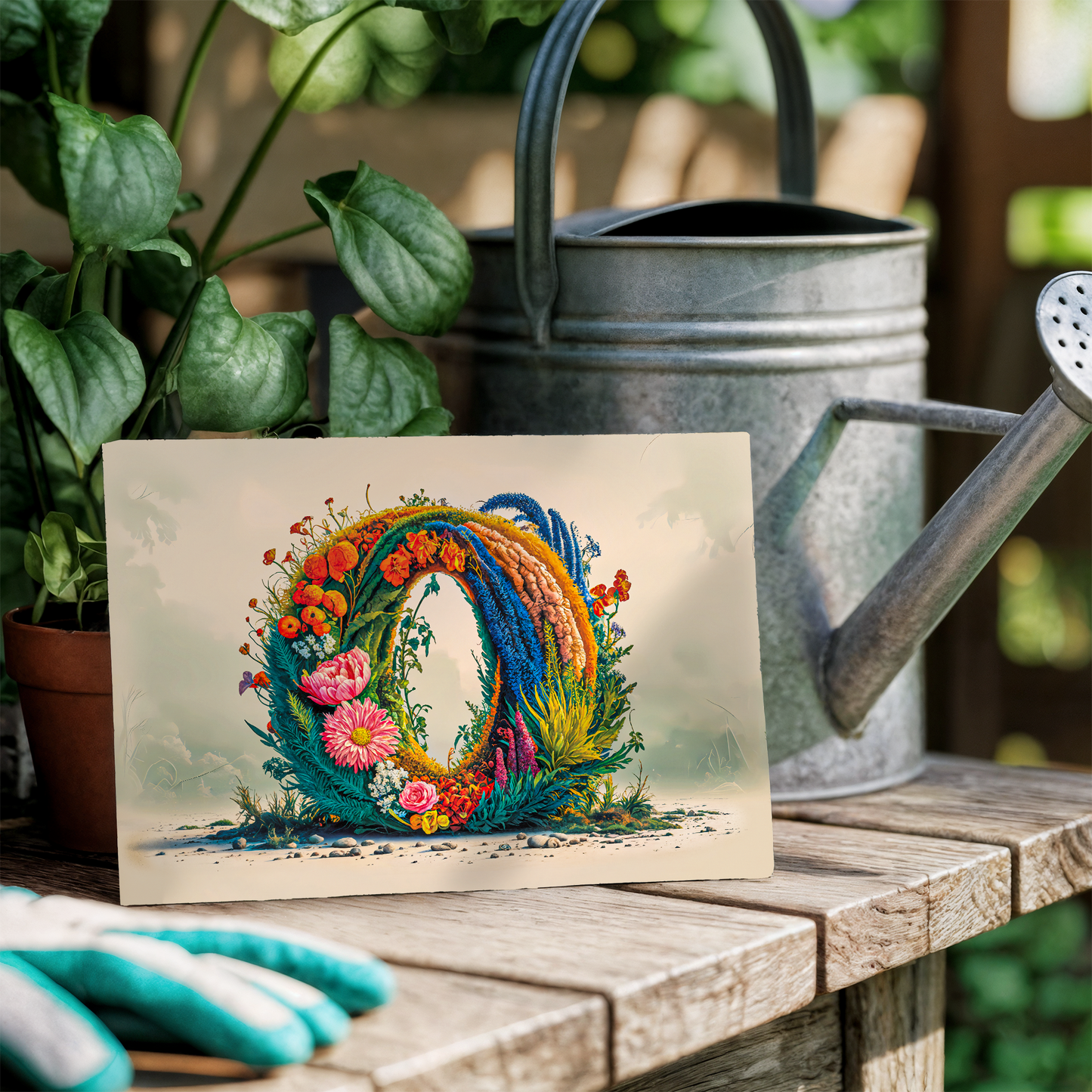 Colorful floral letter O design on a card with a watering can and gloves in a garden setting