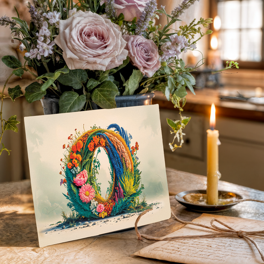 Colorful floral letter O postcard on a table with a candle and flowers.