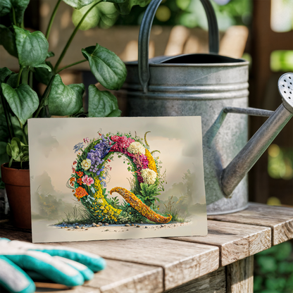 Floral postcard with letter Q on a wooden table with a watering can and gloves in the background