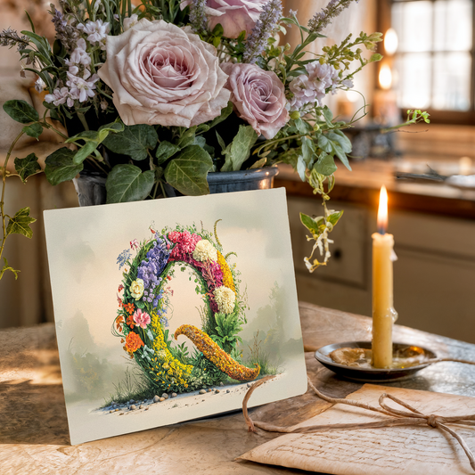 Floral arrangement with a card featuring a decorative letter 'Q' on a table.