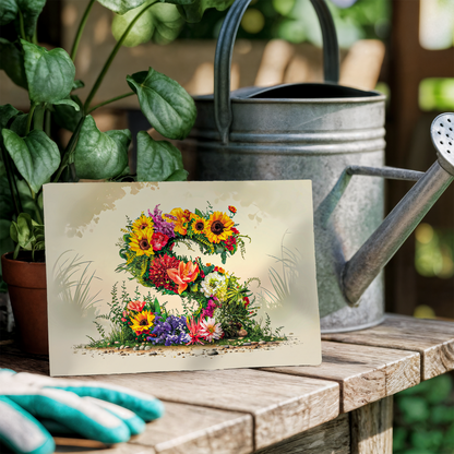 Floral postcard with letter S design on a wooden table with gardening tools and plants.