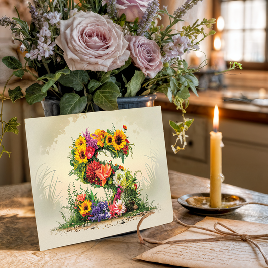 Floral arrangement with a postcard featuring a colorful letter S on a wooden table.
