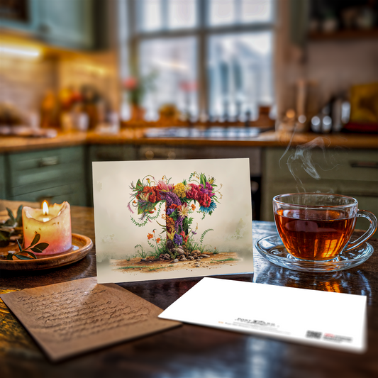 Tea cup with steam, postcard with floral letter T design, and candle on a kitchen counter.