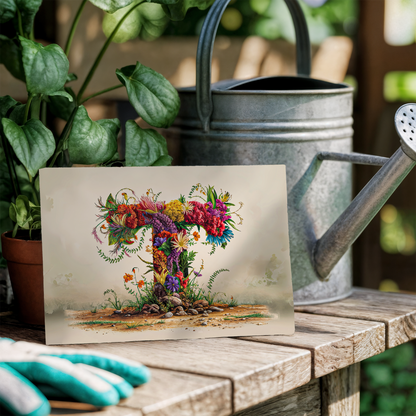 Postcard with floral letter T design on a wooden surface next to a watering can and gloves.