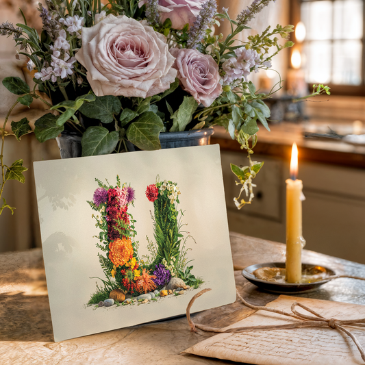 Postcard with floral letter U design on a wooden table