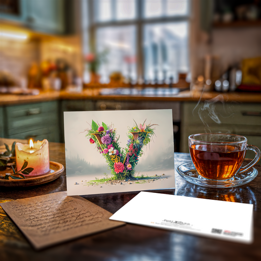 Postcard with floral letter V design on a wooden tble