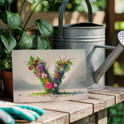 Postcard with floral letter V design on a wooden table