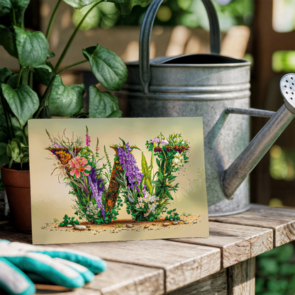 Floral letter 'W' postcard on a wooden surface with gardening tools and plants.