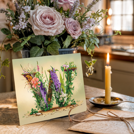 Postcard with floral letter W design on a wooden table