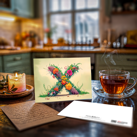 Postcard with floral letter X design on a wooden table