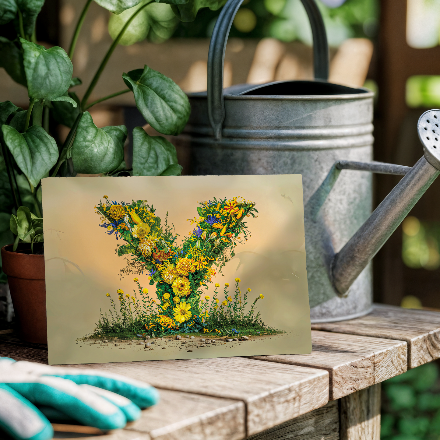 Floral card on a wooden surface with a watering can and gloves in the background