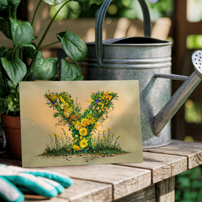 Floral card on a wooden surface with a watering can and gloves in the background