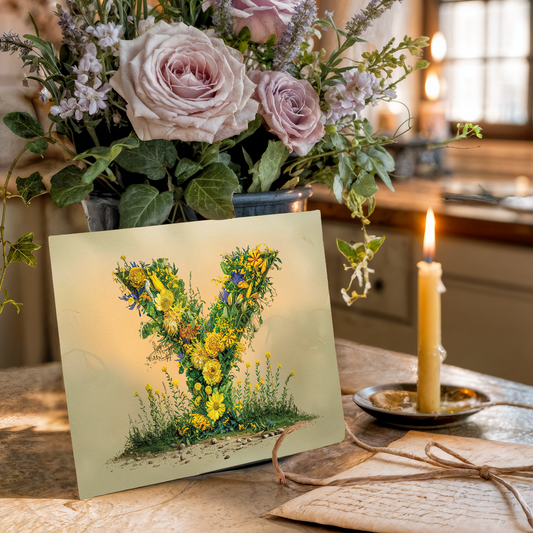 Postcard with floral letter Y design on a wooden table