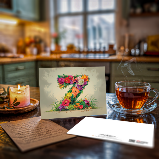 Postcard with floral letter Z design on a wooden table