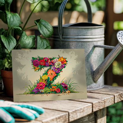 Postcard with floral letter A design on a wooden table
