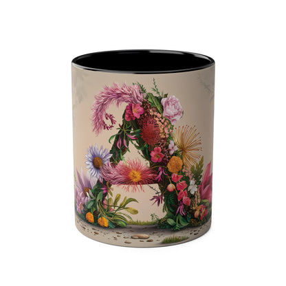 Floral Fantasy Two-Tone Ceramic Mug with Letter A Black-01