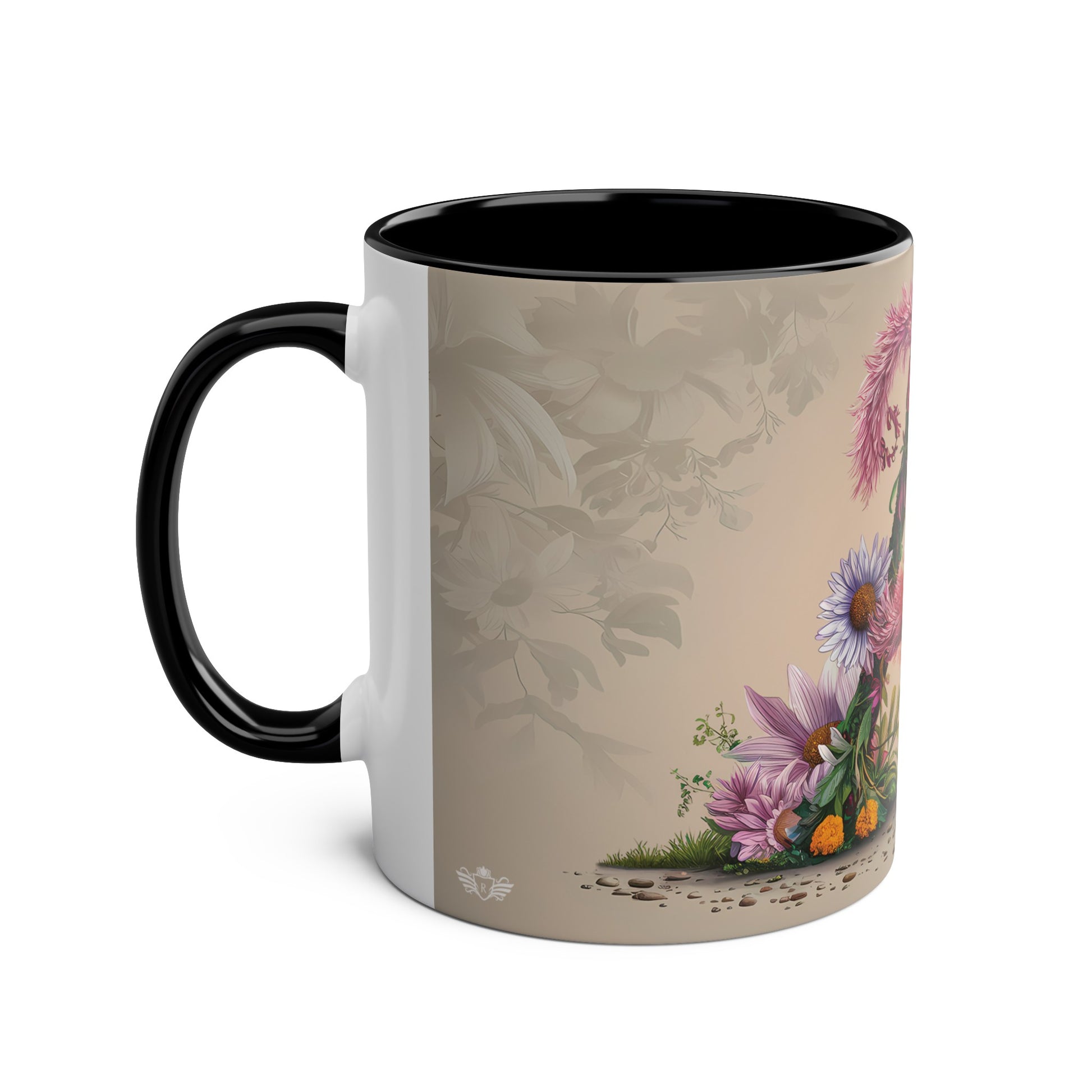 Floral Fantasy Two-Tone Ceramic Mug with Letter A Black-02