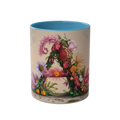 Floral Fantasy Two-Tone Ceramic Mug with Letter A Blue-01