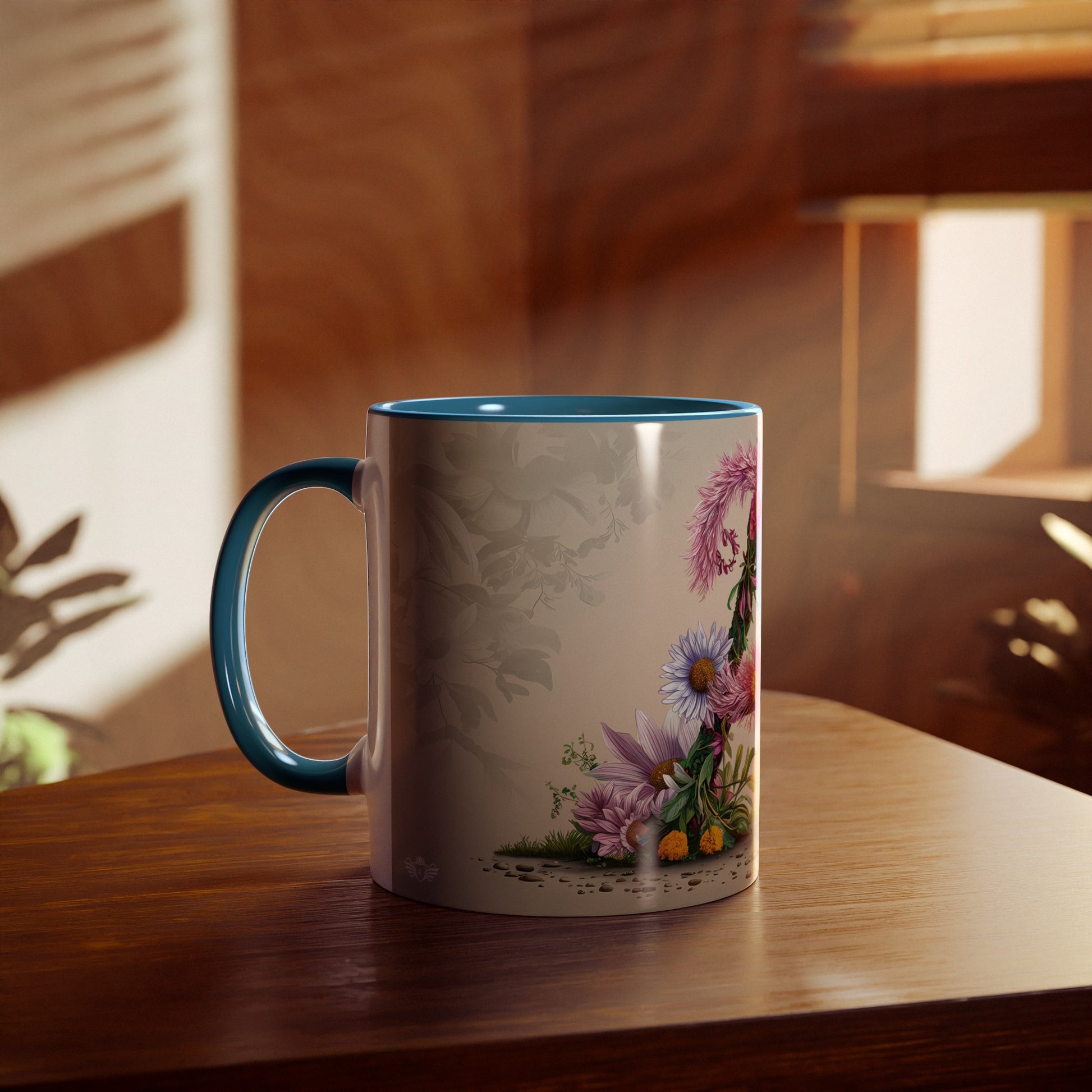 Floral Fantasy Two-Tone Ceramic Mug with Letter A Blue-04