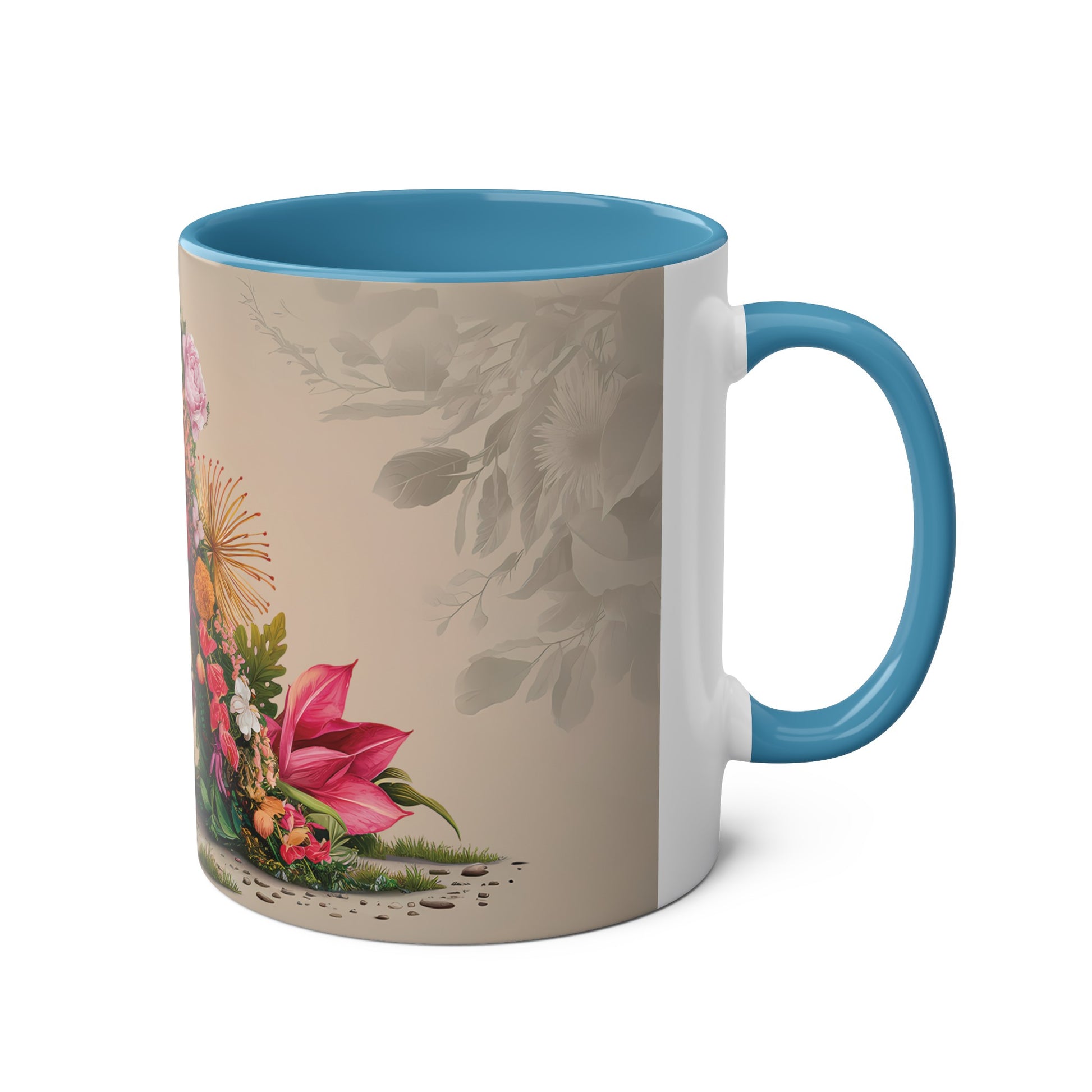 Floral Fantasy Two-Tone Ceramic Mug with Letter A Blue-03