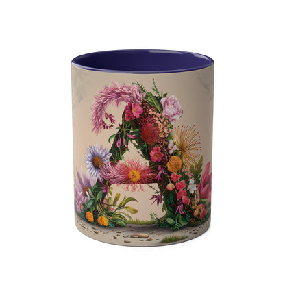 Floral Fantasy Two-Tone Ceramic Mug with Letter A Dark Blue-01