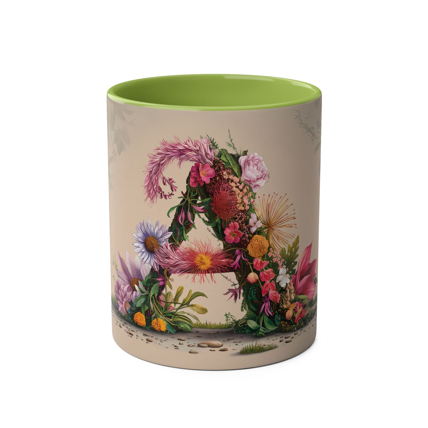 Floral Fantasy Two-Tone Ceramic Mug with Letter A