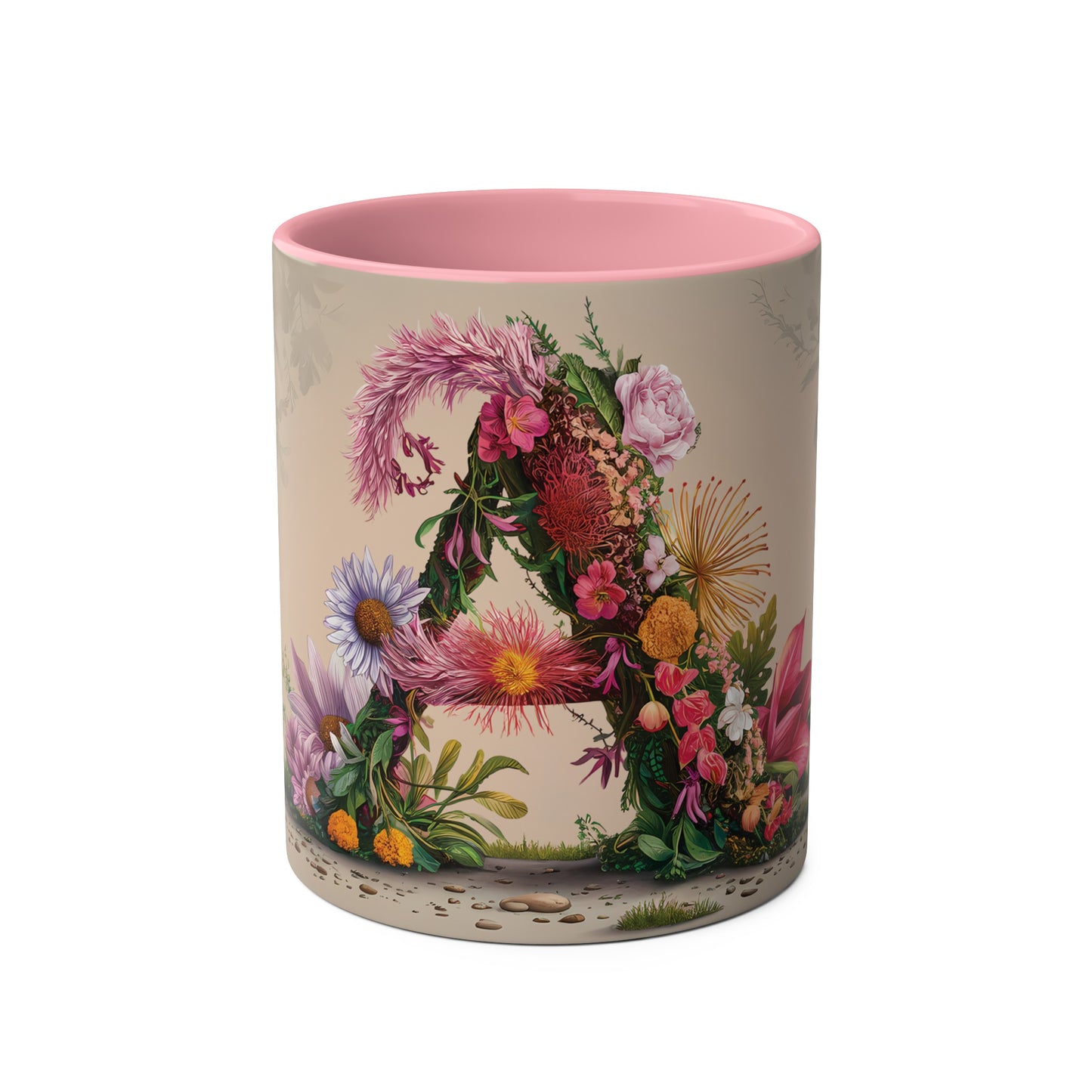 Floral Fantasy Two-Tone Ceramic Mug with Letter A Pink-01