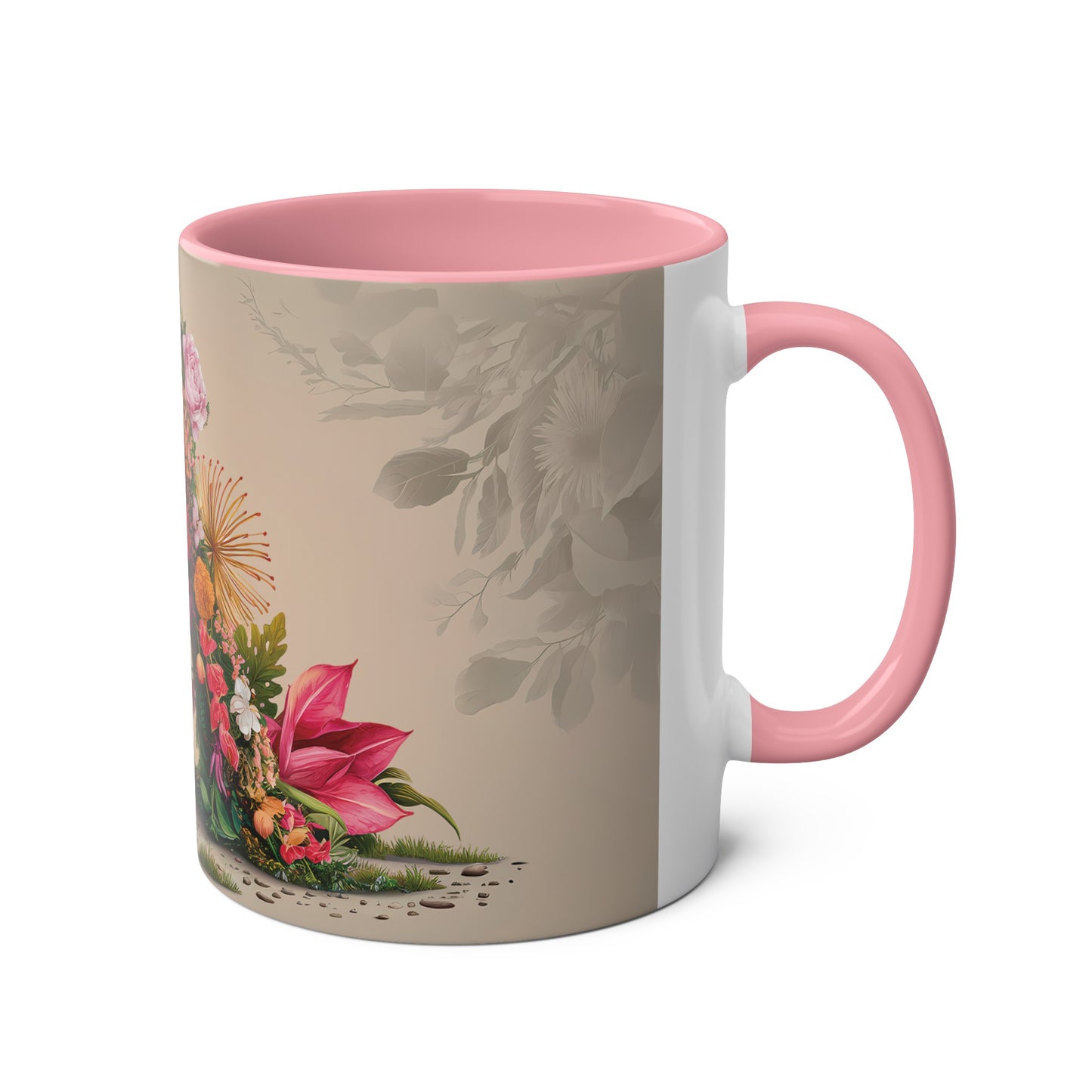 Floral Fantasy Two-Tone Ceramic Mug with Letter A Pink-03