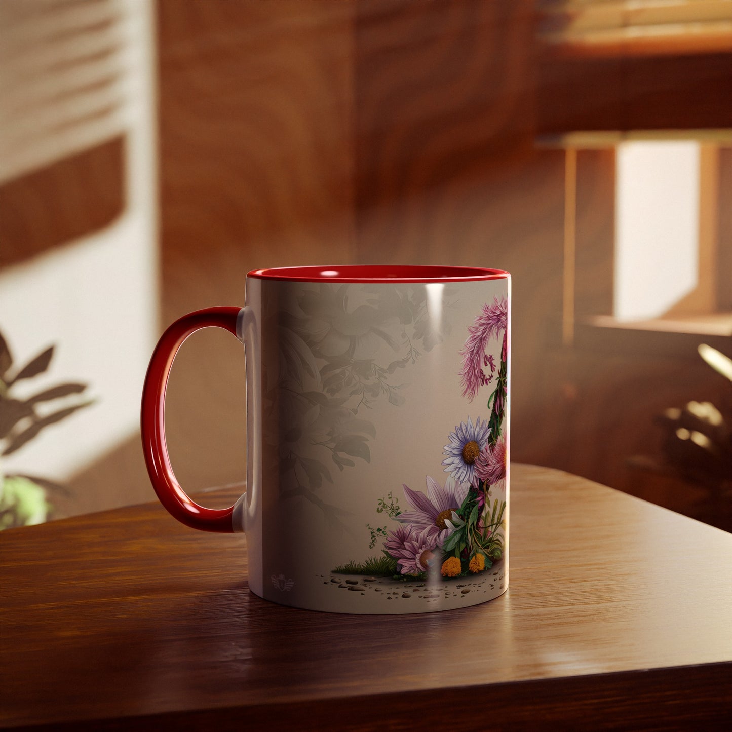 Floral Fantasy Two-Tone Ceramic Mug with Letter A Red-04