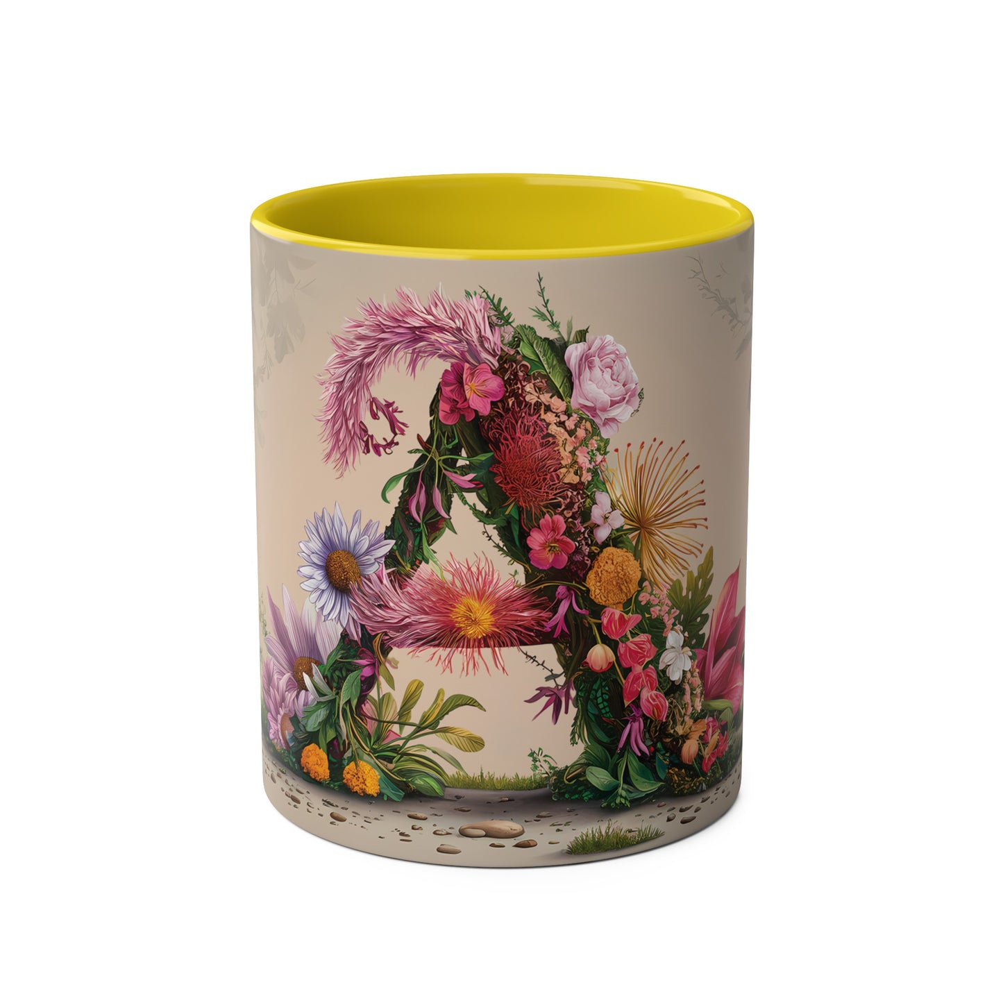 Floral Fantasy Two-Tone Ceramic Mug with Letter A Yellow-01