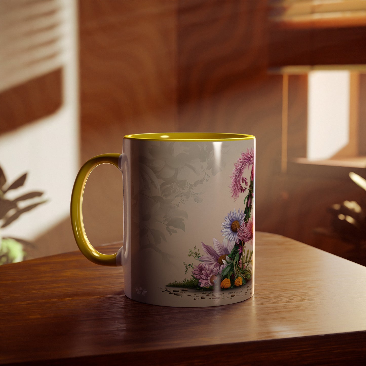 Floral Fantasy Two-Tone Ceramic Mug with Letter A Yellow-04