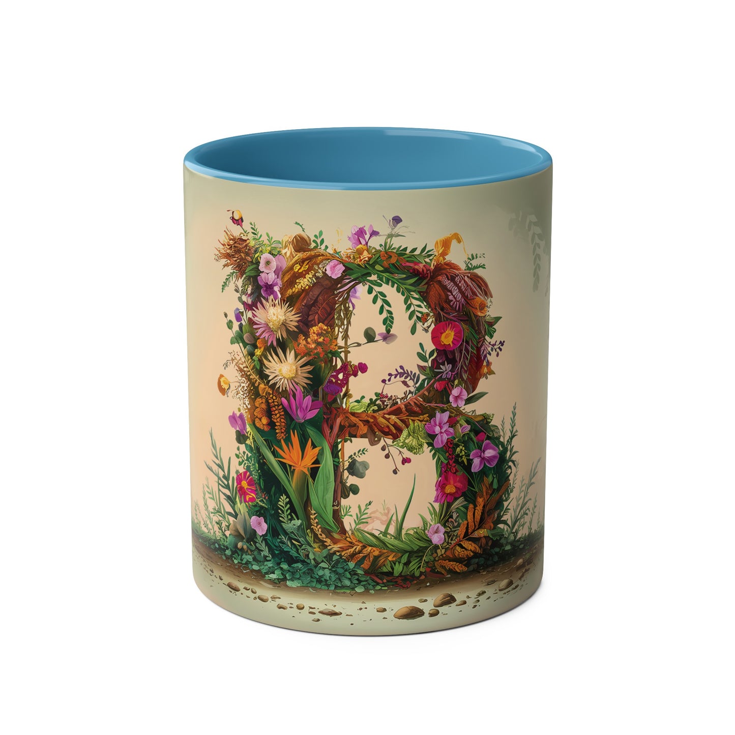 Floral Fantasy Two-Tone Ceramic Mug with Letter B Blue-01