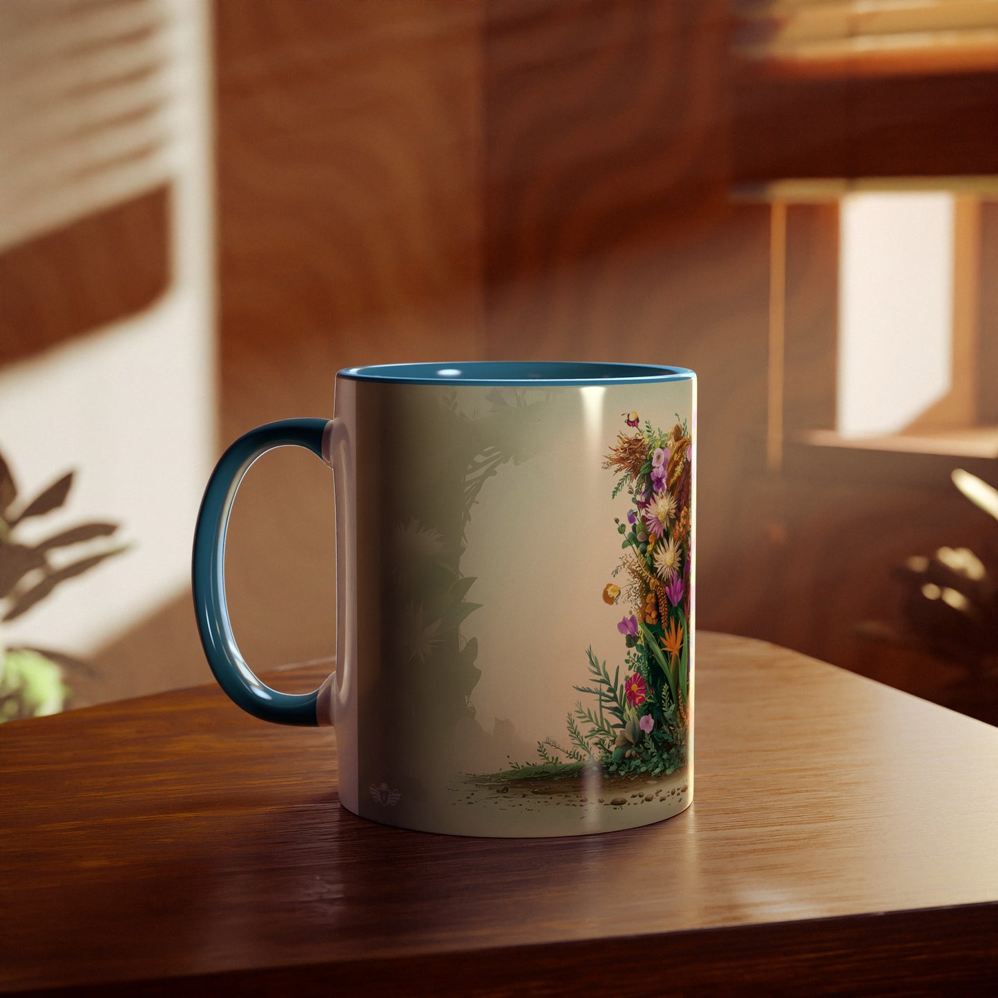 Floral Fantasy Two-Tone Ceramic Mug with Letter B Blue-04