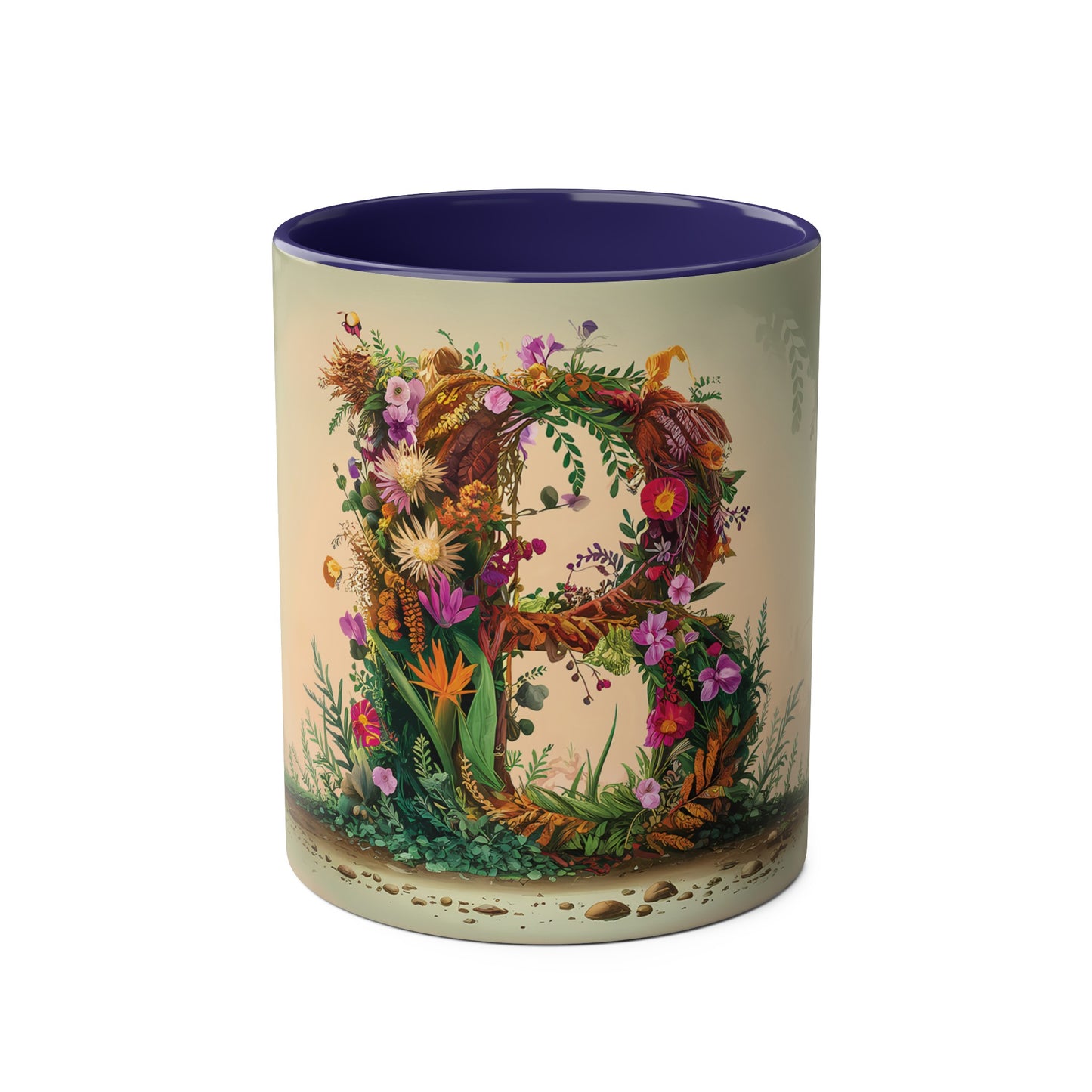 Floral Fantasy Two-Tone Ceramic Mug with Letter B Dark Blue-01