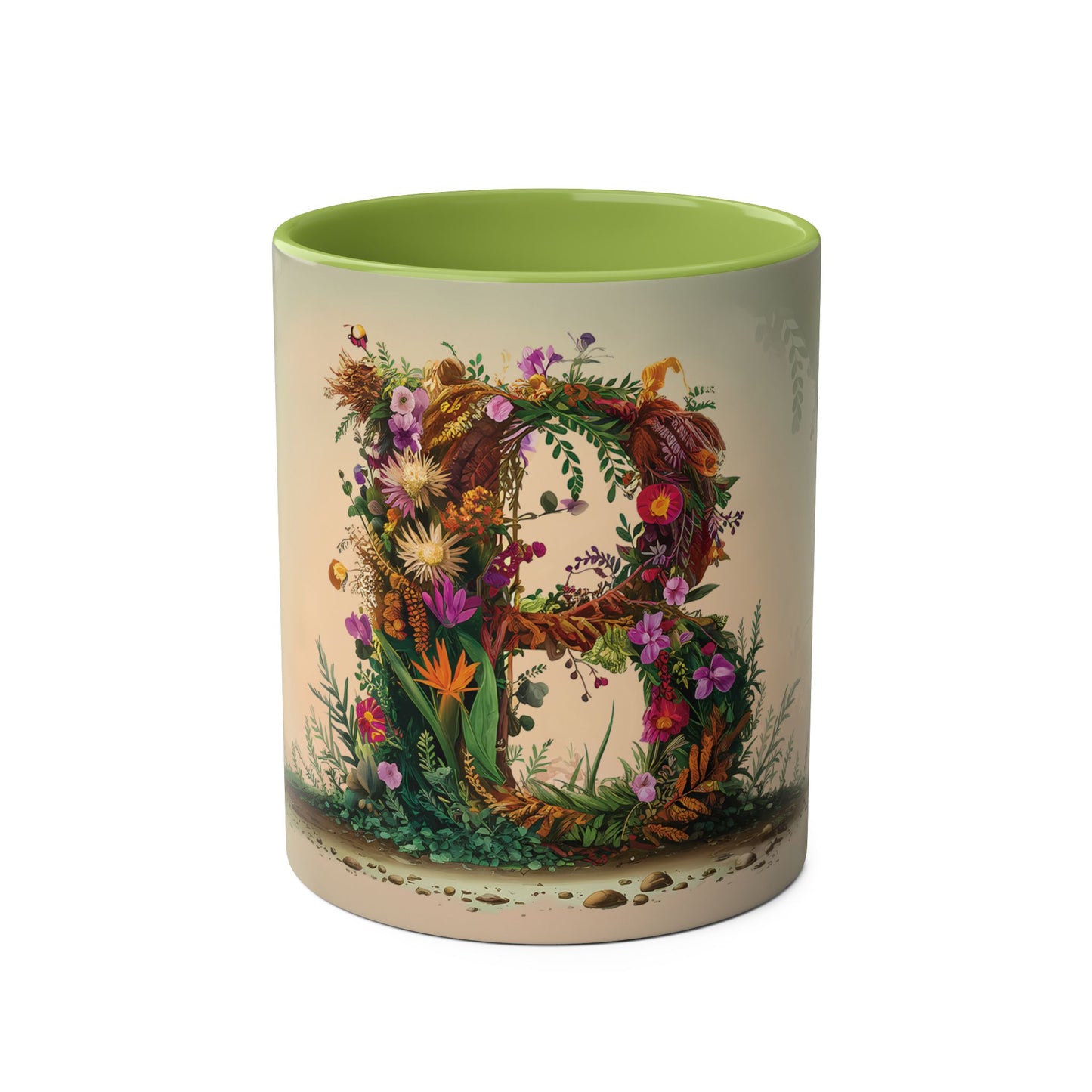 Floral Fantasy Two-Tone Ceramic Mug with Letter B